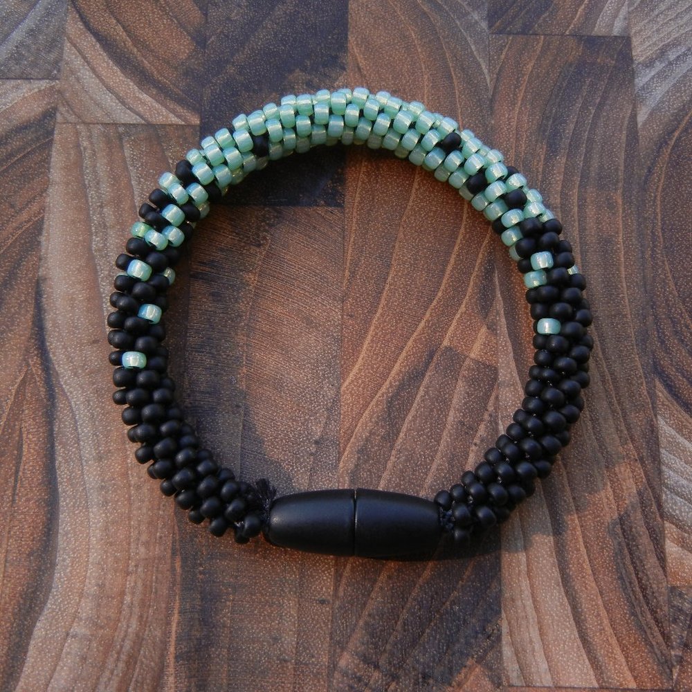 Mint & Black Beaded Bracelet | Handmade Custom Size Stackable Jaded Vine Design